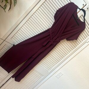 Burgundy jumpsuit with V Neckline and Defined Waist short sleeve soft material